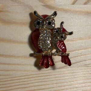 Red Enamel Clear Inlaid Rhinestone Owl Brooch Pin